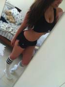 Sports bra, running shorts, and knee highs