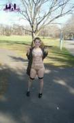 Japanese slut with body writing in the park.