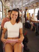 Delightful brunette babe flashing on a bus