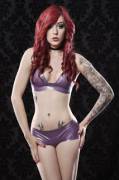 Hot Redhead with a sleeve and purple shiny... bikini? Underwear? [x-post /r/hotchickswithtattoos]