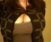 Big boobs in a liiiiiitle black work cardigan