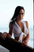 Rosie Jones in wet, white top