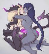Shyvana &amp; Dragon Sorceress Zyra sharing a creamy kiss [ArbuzBudesh]
