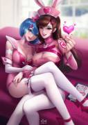 Nurse D.Va cuddling up with Rem (citemer)