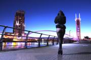 A cold morning on Salford Quays. High-heeled ankle boots and patterned tights. Dexi Delite xx