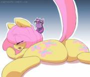 Fluttershy getting a little assistance from Twilight (artist: Oughta)