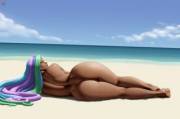 Sunbutt on the beach [humanized] (artist: lvl)