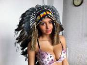 Helga wearing a warbonnet