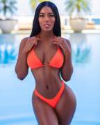 Monifa Jansen, in a two piece bikini