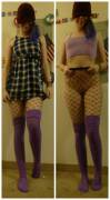 On/off mini plaid dress, [f]ishnet tights and purple thigh highs with smiles.