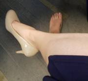 Nude pumps on my petite feet