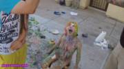 Rainbow haired model Sprinkles gets a double frosting facial