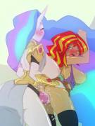 Princess Celestia giving Sunset Shimmer her royal punishment (artist: bigdad)