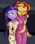 Twilight Sparkle feeling up Sunset Shimmer (artist: fearingfun)