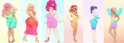 Rarity, Fluttershy, Applejack, Rainbow Dash, Pinkie Pie and Sunset Shimmer in tight dresses (artist: sunnysundown)