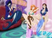 Nami and Robin being eaten out by mermaids