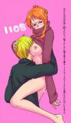 Nami warming her body up on Sanji