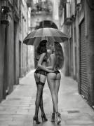 Under an umbrella