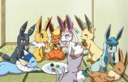 Eevee [M] helping out his Eeveelution [F] sisters