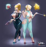 Rosalina and Samus on tight outfits [Pinkdrawnz]