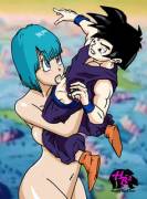 Bulma giving Gohan a blowjob