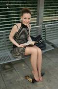 German cutie on a park bench, X-post /r/TightsAndTightClothes