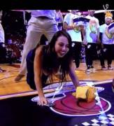 Mom bouncing out during Miami Heat baby races.