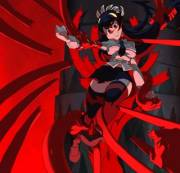 Eliza mummifies Filia with ribbons (Official screenshots from Skullgirls)