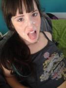 BEAUTIFUL brown-eyed brunette amateur with a nice cum-splattering on her face. Gorgeous... exemplary! One for the Amateur Facial Hall of Fame!