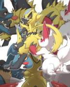 Lucario and Zangoose welcoming Zeraora [Enryo]