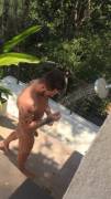 Rinsing in the outside shower