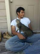 Was suggested I cross post. (from /r/ladybonersgonecuddly) This is my boyfriend with our cat on the day he adopted us.