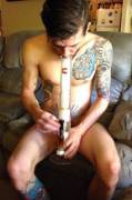 Cute Tattooed Stoner Bro Takes Naked Bong Rip