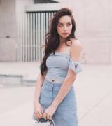 Her denim skirt and top is so cute. Kataluna Enriquez is stunning