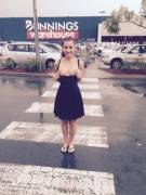 Cutie flashes while crossing the road