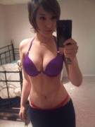 Purple Bra, Red Panties, Grey Sweatpants