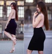 Ariadna in a black pencil skirt