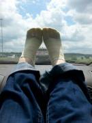 Hi again! Here are my cute yellow striped socks on the road!