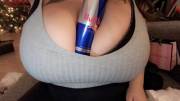 473ml Red Bull can between my huge tits [OC]