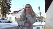 Blonde with big tits persuaded to show in the cold