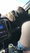 Riders on the road in the car and thumbs fingers in pussy [gif]