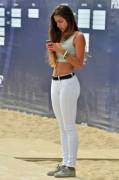 texting in white jeans