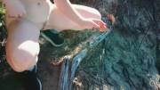 cute girl sprays her piss by the ocean down under