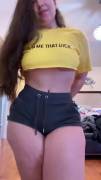 Imagine hugging her, gripping her ass, and just cumming all over her thighs