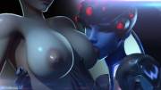 Widowmaker sucking on Tracer's bewbs, (Breadblack)