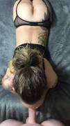 Wife deepthroating me in her garter!
