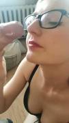 Blonde Black Bra and Glasses