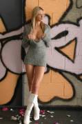 Grey sweater dress with white boots