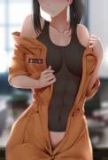 Maki Oze taking off her uniform