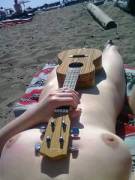 Beach, Outdoors, Amateur, Ukulele, Soft Nipples